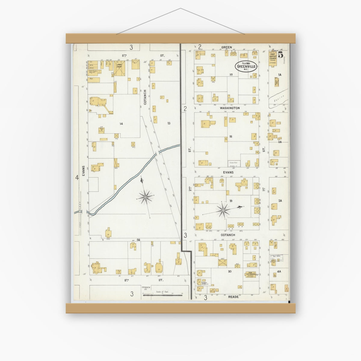 Old map wall art mockup — magnetic wood frame on white wall — Sanborn Fire Insurance Map from Greenville, Pitt County, North Carolina (1900), Sheet #0005