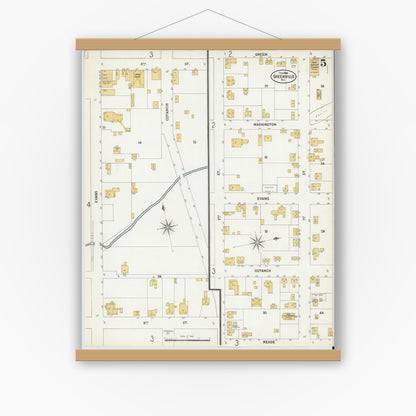 Old map wall art mockup — magnetic wood frame on white wall — Sanborn Fire Insurance Map from Greenville, Pitt County, North Carolina (1900), Sheet #0005