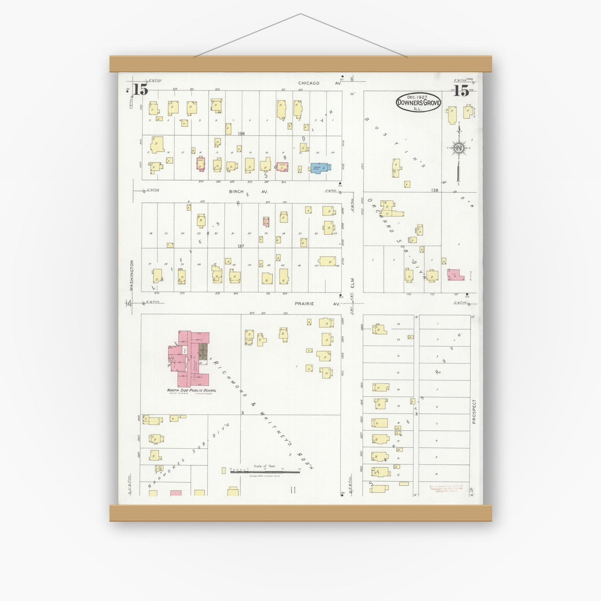 Old map wall art mockup — magnetic wood frame on white wall — Sanborn Fire Insurance Map from Downers Grove, Dupage County, Illinois (1927), Sheet #0015