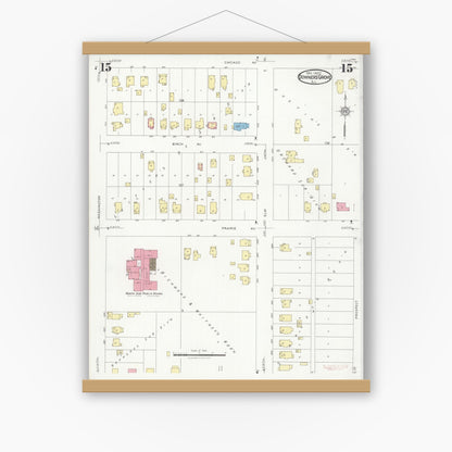 Old map wall art mockup — magnetic wood frame on white wall — Sanborn Fire Insurance Map from Downers Grove, Dupage County, Illinois (1927), Sheet #0015