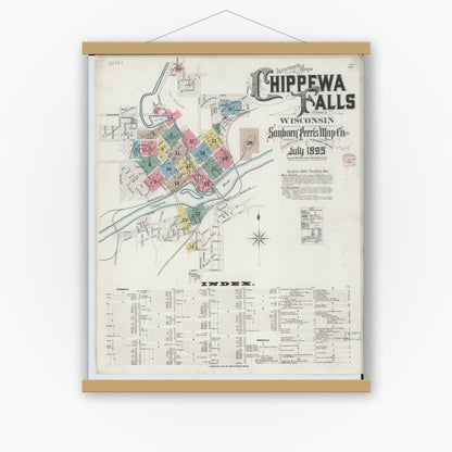 Old map wall art mockup — magnetic wood frame on white wall — Sanborn Fire Insurance Map from Chippewa Falls, Chippewa County, Wisconsin (1895) - Complete Map Set