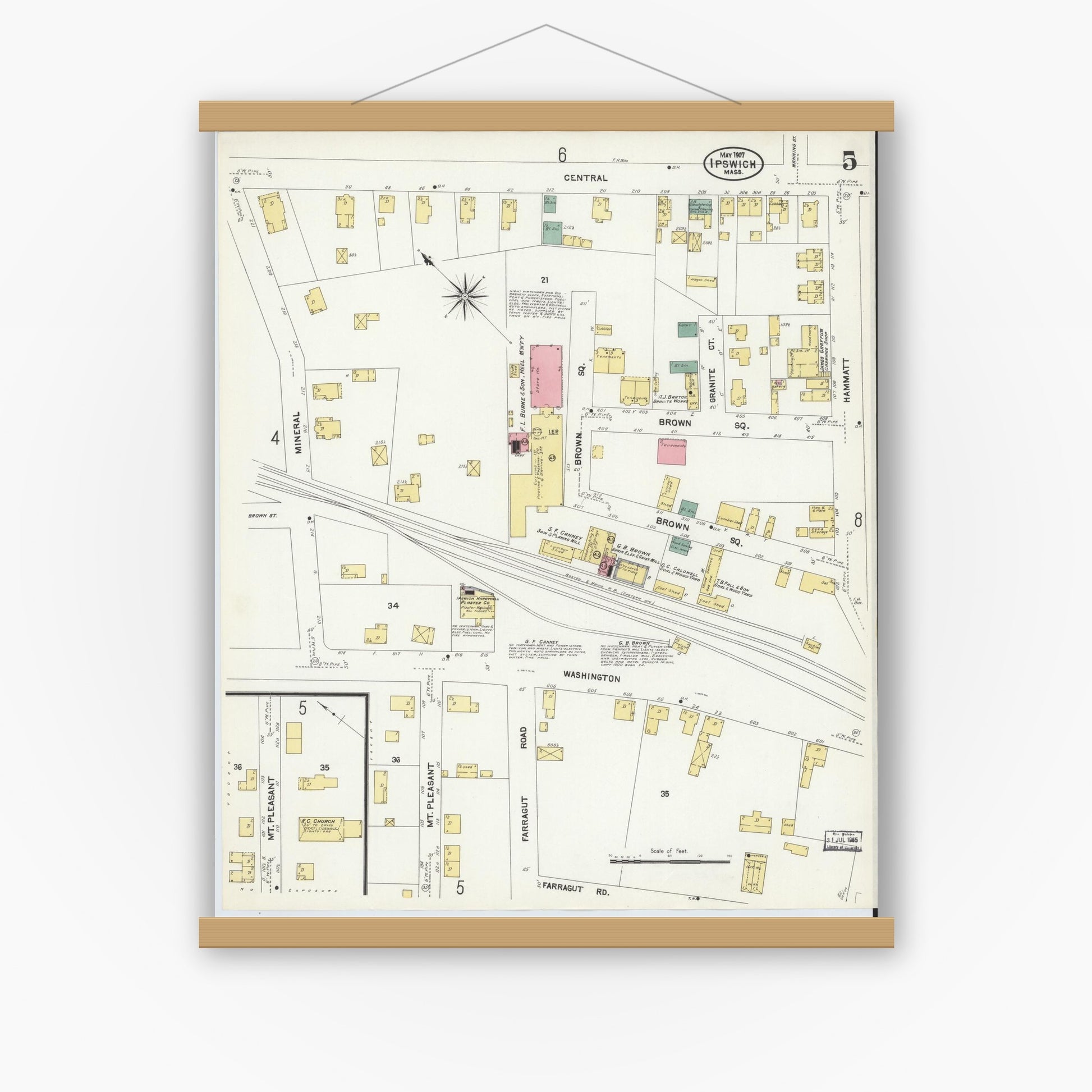 Old map wall art mockup — magnetic wood frame on white wall — Sanborn Fire Insurance Map from Ipswich, Essex County, Massachusetts (1907), Sheet #0005