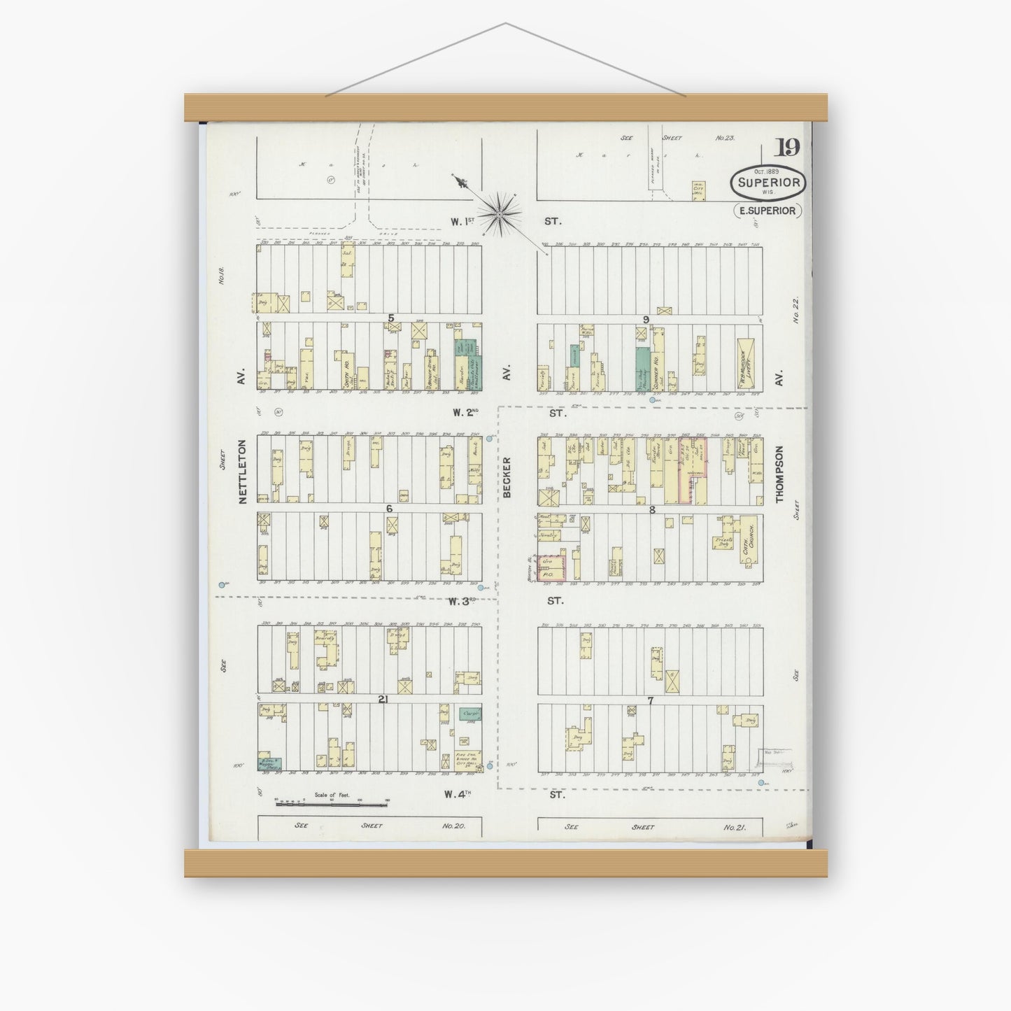 Old map wall art mockup — magnetic wood frame on white wall — Sanborn Fire Insurance Map from Superior, Douglas County, Wisconsin (1889), Sheet #0019