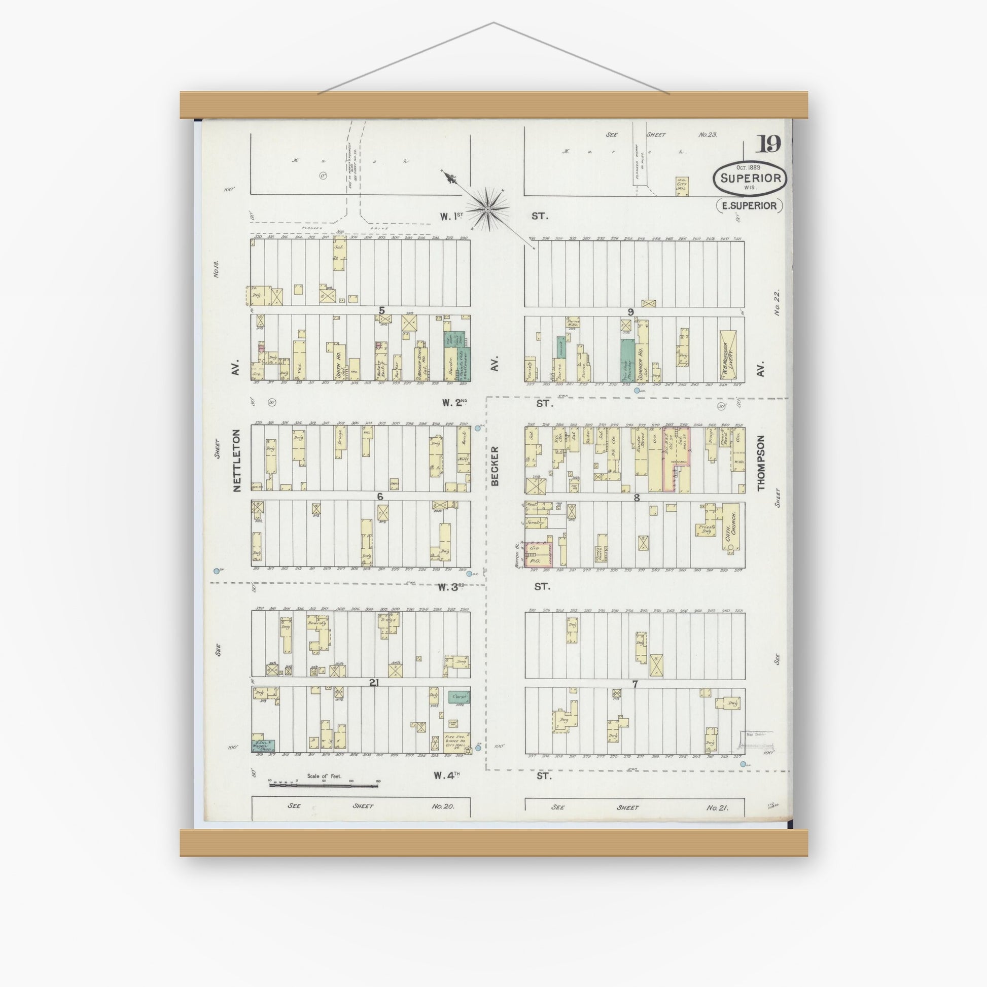 Old map wall art mockup — magnetic wood frame on white wall — Sanborn Fire Insurance Map from Superior, Douglas County, Wisconsin (1889), Sheet #0019