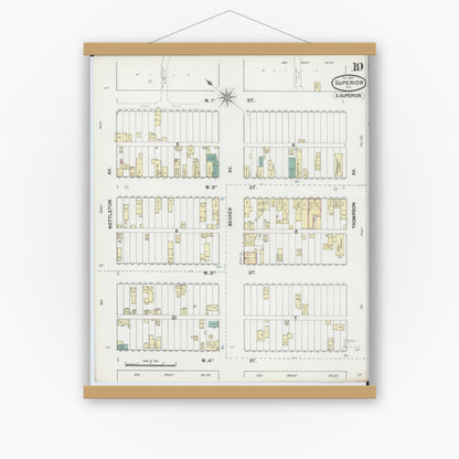 Old map wall art mockup — magnetic wood frame on white wall — Sanborn Fire Insurance Map from Superior, Douglas County, Wisconsin (1889), Sheet #0019