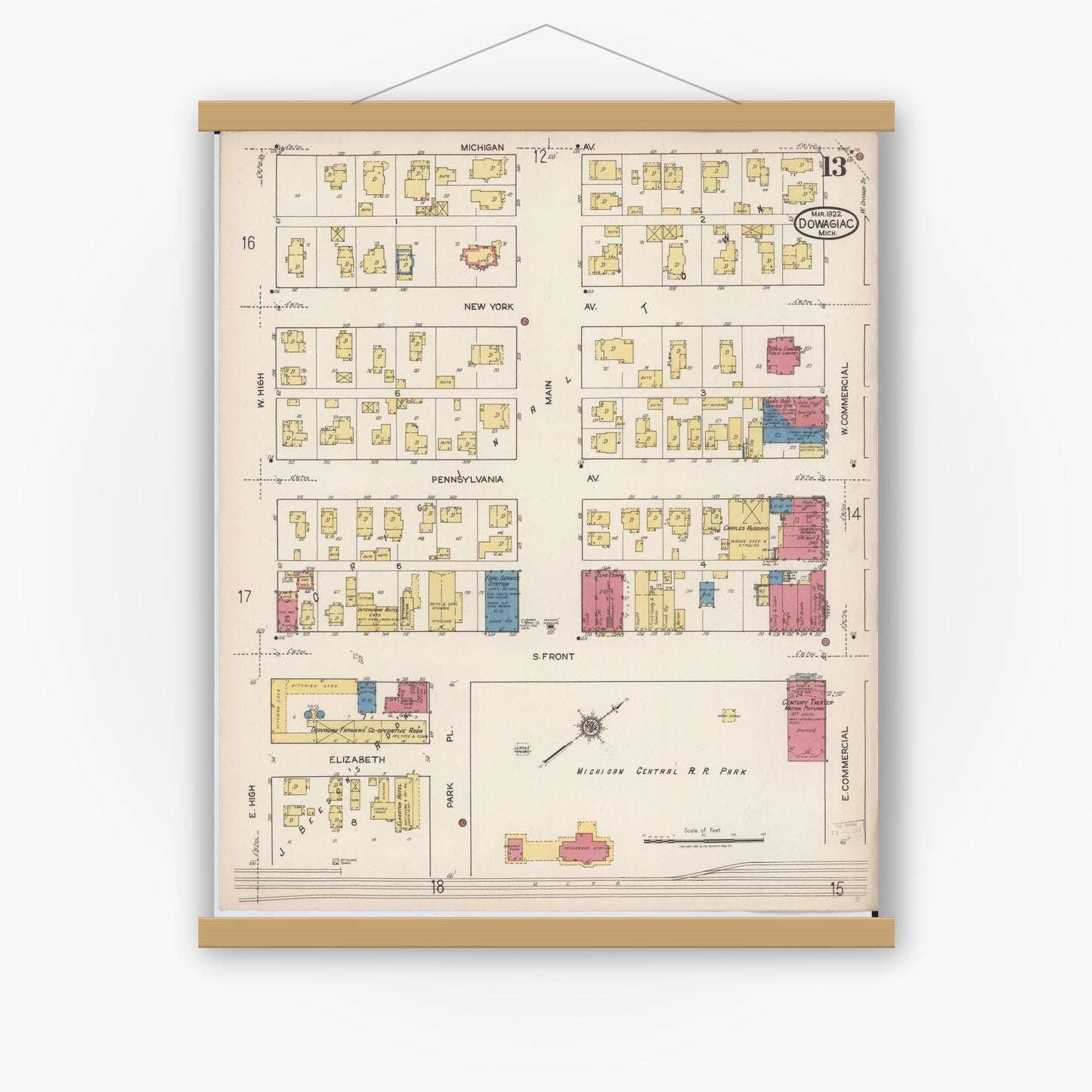 Old map wall art mockup — magnetic wood frame on white wall — Sanborn Fire Insurance Map from Dowagiac, Cass County, Michigan (1922), Sheet #0013