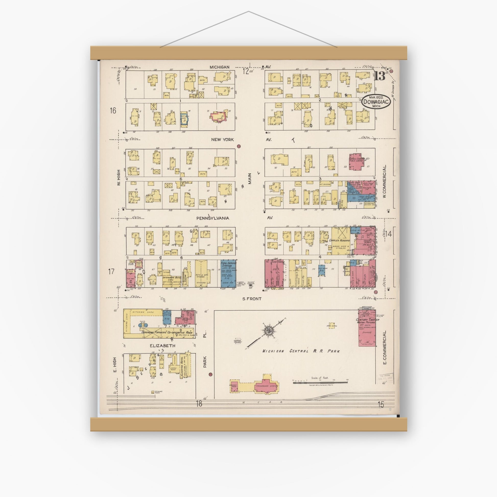 Old map wall art mockup — magnetic wood frame on white wall — Sanborn Fire Insurance Map from Dowagiac, Cass County, Michigan (1922), Sheet #0013