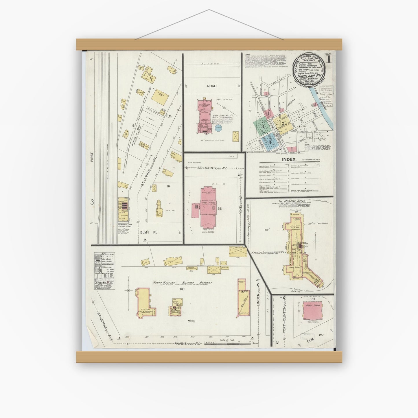 Old map wall art mockup — magnetic wood frame on white wall — Sanborn Fire Insurance Map from Highland Park, Lake County, Illinois (1900), Sheet #0001
