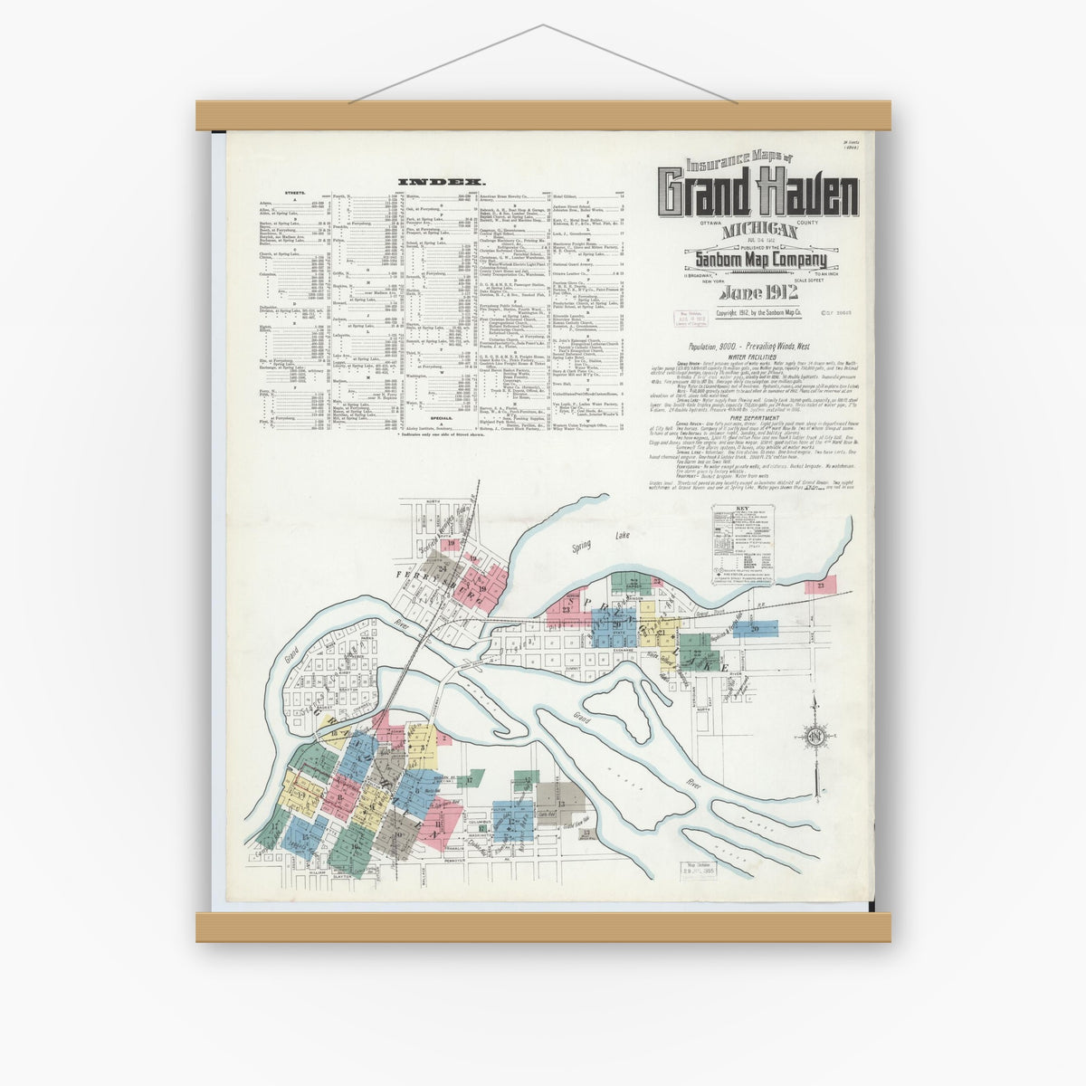 Old map wall art mockup — magnetic wood frame on white wall — Sanborn Fire Insurance Map from Grand Haven, Ottawa County, Michigan (1912), Sheet #0001