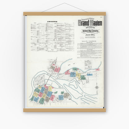 Old map wall art mockup — magnetic wood frame on white wall — Sanborn Fire Insurance Map from Grand Haven, Ottawa County, Michigan (1912), Sheet #0001