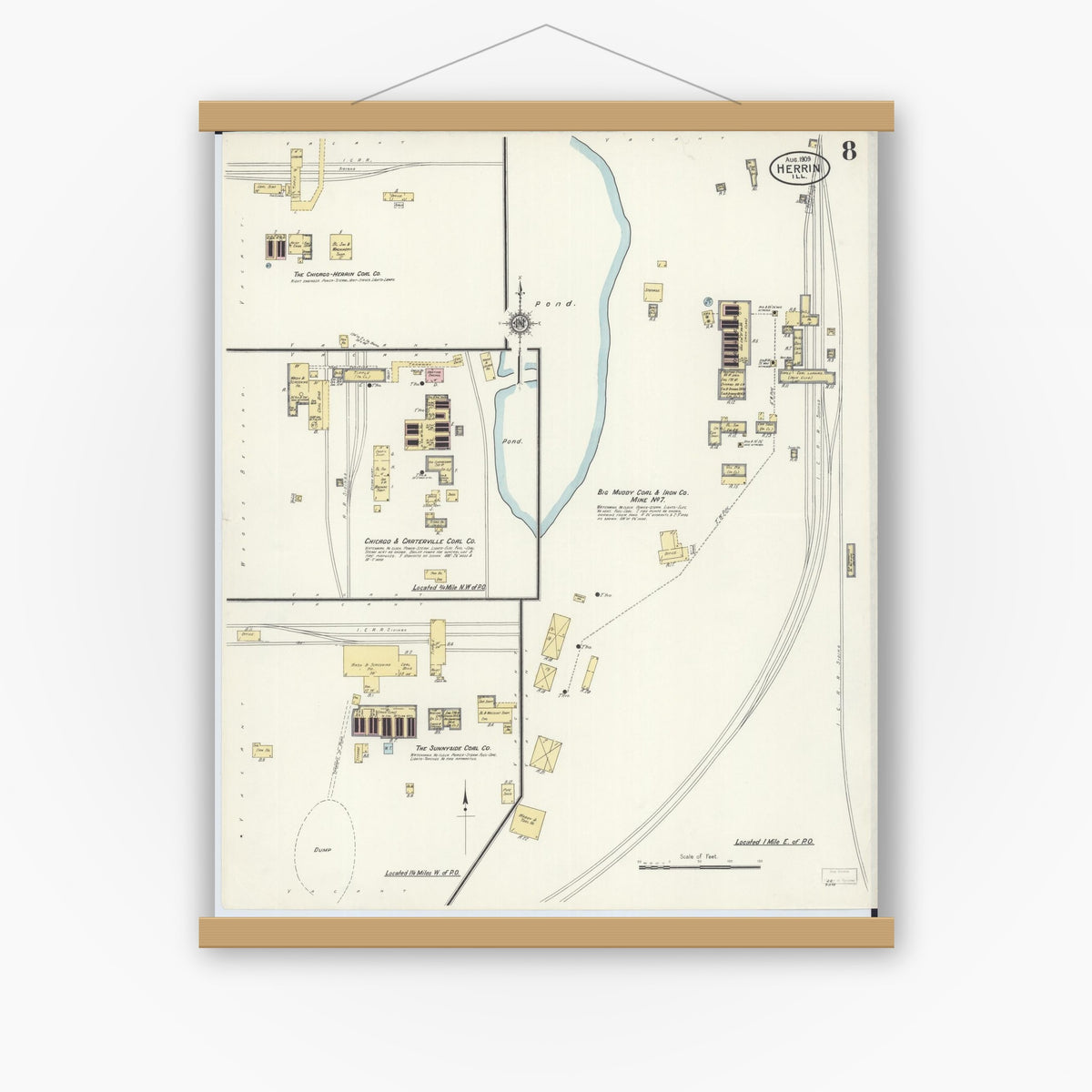 Old map wall art mockup — magnetic wood frame on white wall — Sanborn Fire Insurance Map from Herrin, Williamson County, Illinois (1909), Sheet #0008