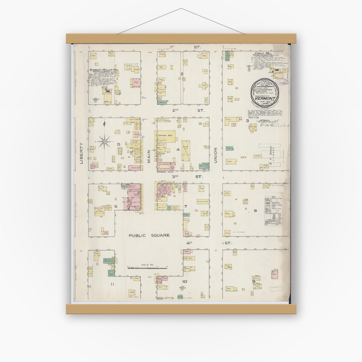 Old map wall art mockup — magnetic wood frame on white wall — Sanborn Fire Insurance Map from Vermont, Fulton County, Illinois (1886), Sheet #0001
