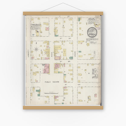 Old map wall art mockup — magnetic wood frame on white wall — Sanborn Fire Insurance Map from Vermont, Fulton County, Illinois (1886), Sheet #0001