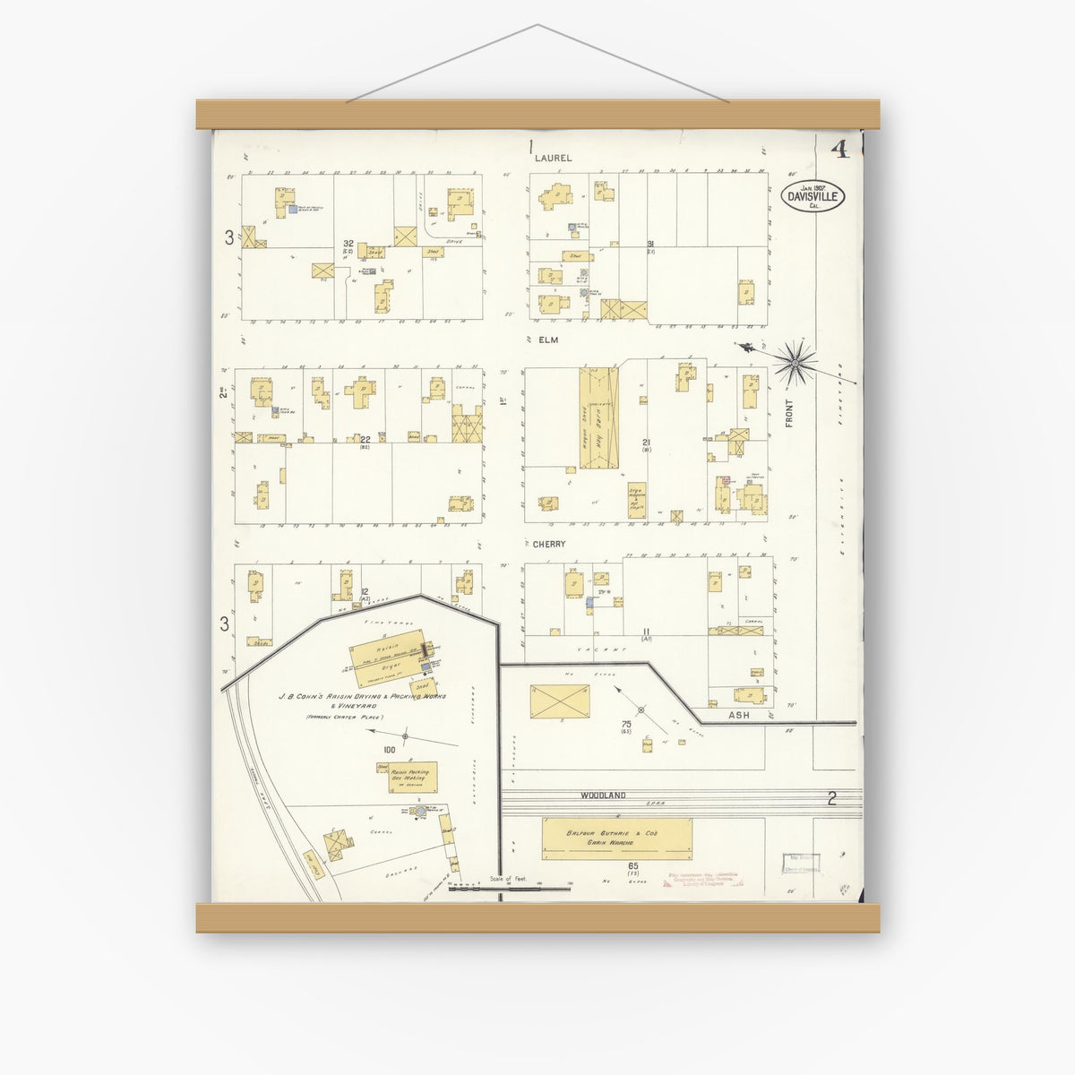 Old map wall art mockup — magnetic wood frame on white wall — Sanborn Fire Insurance Map from Davis, Yolo County, California (1907), Sheet #0004