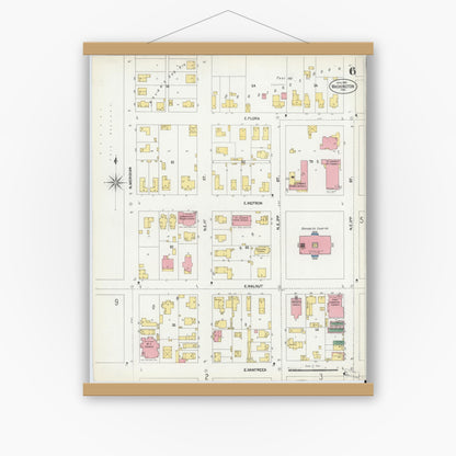 Old map wall art mockup — magnetic wood frame on white wall — Sanborn Fire Insurance Map from Washington, Daviess County, Indiana (1902), Sheet #0006