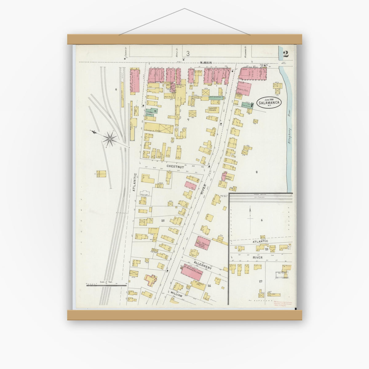 Old map wall art mockup — magnetic wood frame on white wall — Sanborn Fire Insurance Map from Salamanca, Cattaraugus County, New York (1898), Sheet #0002