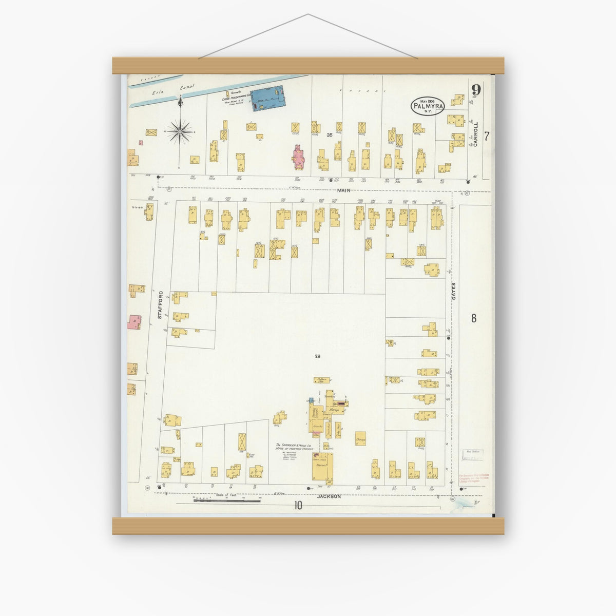 Old map wall art mockup — magnetic wood frame on white wall — Sanborn Fire Insurance Map from Palmyra, Wayne County, New York (1906), Sheet #0009