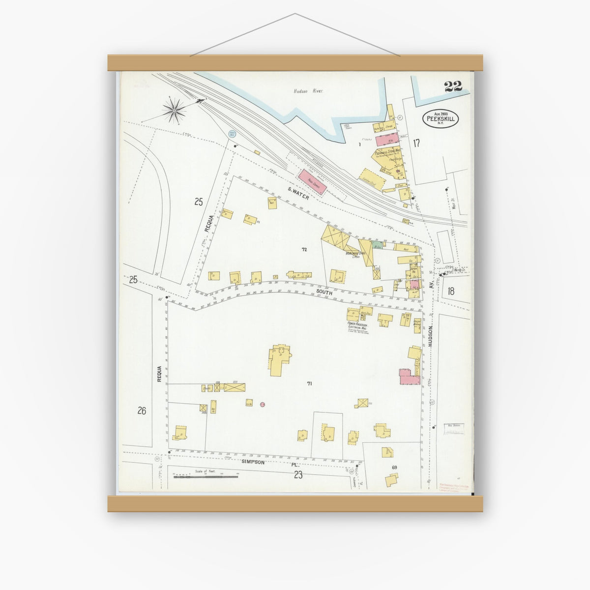 Old map wall art mockup — magnetic wood frame on white wall — Sanborn Fire Insurance Map from Peekskill, Westchester County, New York (1900), Sheet #0022