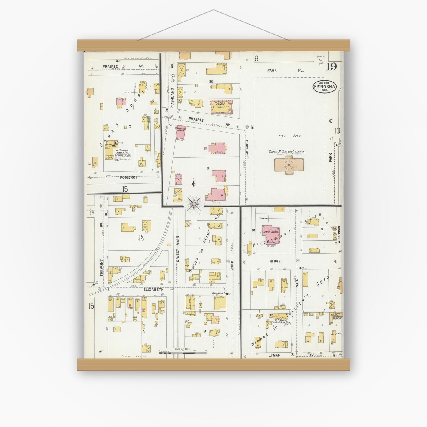 Old map wall art mockup — magnetic wood frame on white wall — Sanborn Fire Insurance Map from Kenosha, Kenosha County, Wisconsin (1900), Sheet #0019