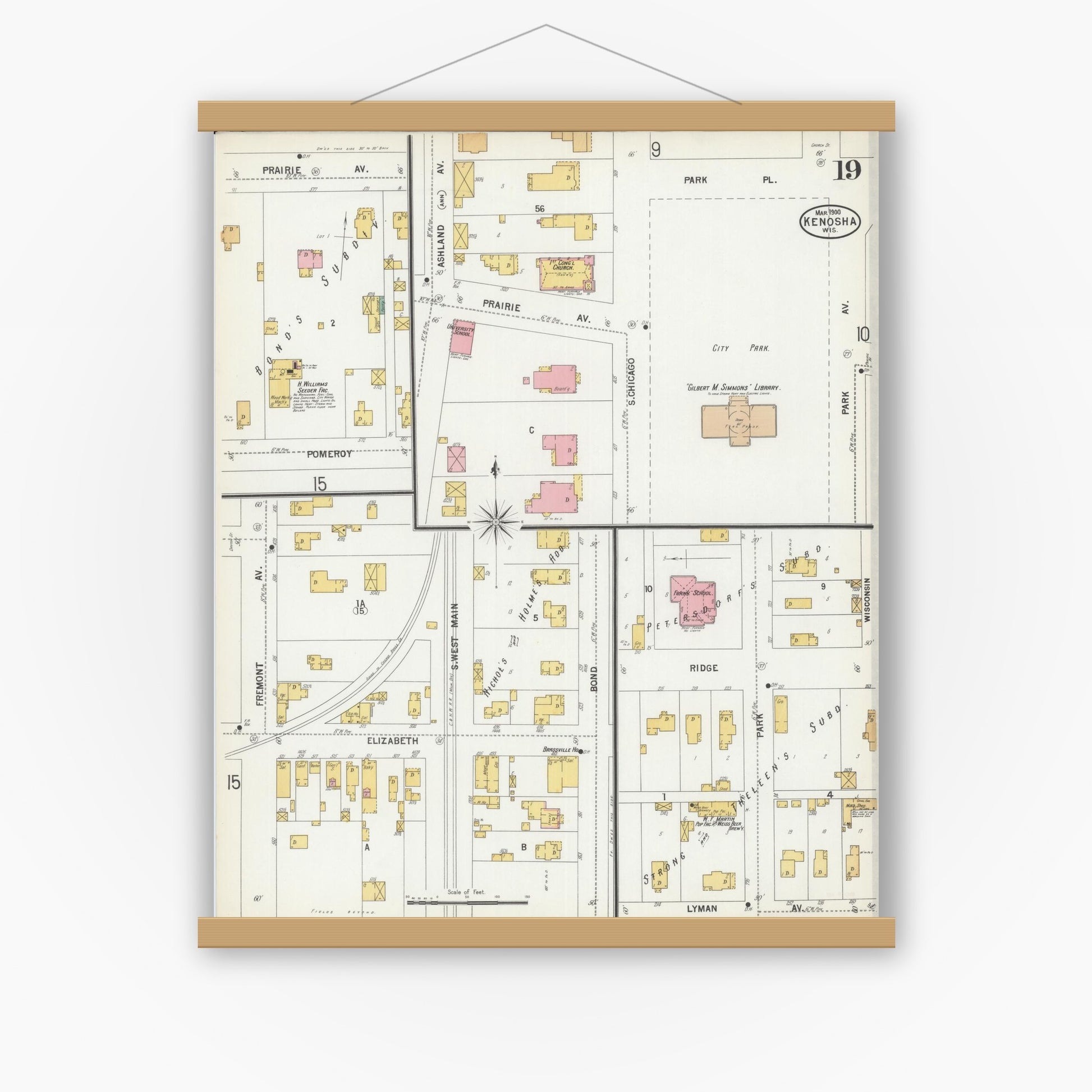 Old map wall art mockup — magnetic wood frame on white wall — Sanborn Fire Insurance Map from Kenosha, Kenosha County, Wisconsin (1900), Sheet #0019