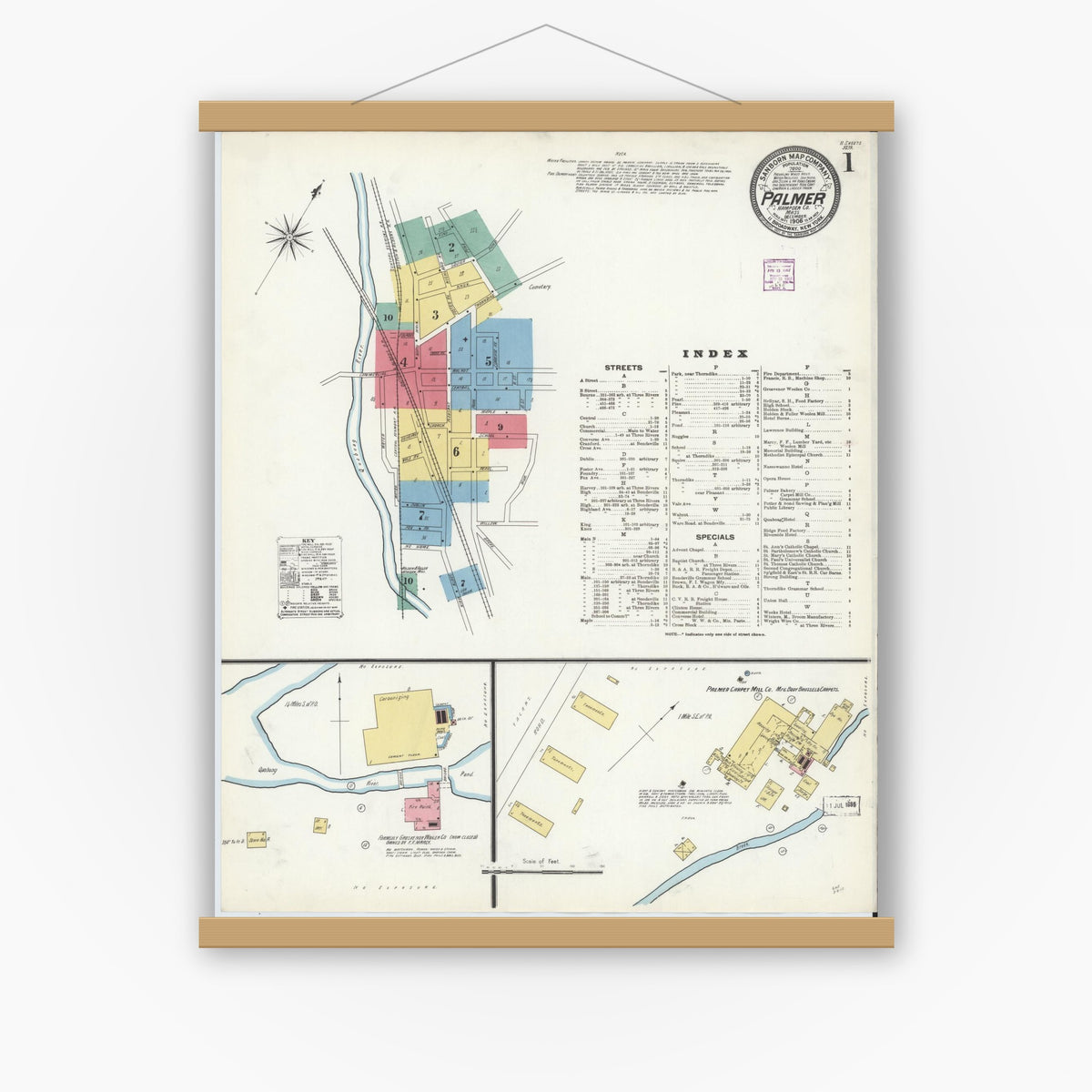 Old map wall art mockup — magnetic wood frame on white wall — Sanborn Fire Insurance Map from Palmer, Hampden County, Massachusetts (1906) - Complete Map Set