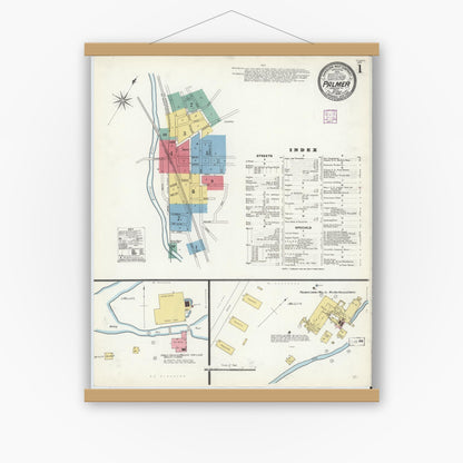 Old map wall art mockup — magnetic wood frame on white wall — Sanborn Fire Insurance Map from Palmer, Hampden County, Massachusetts (1906) - Complete Map Set