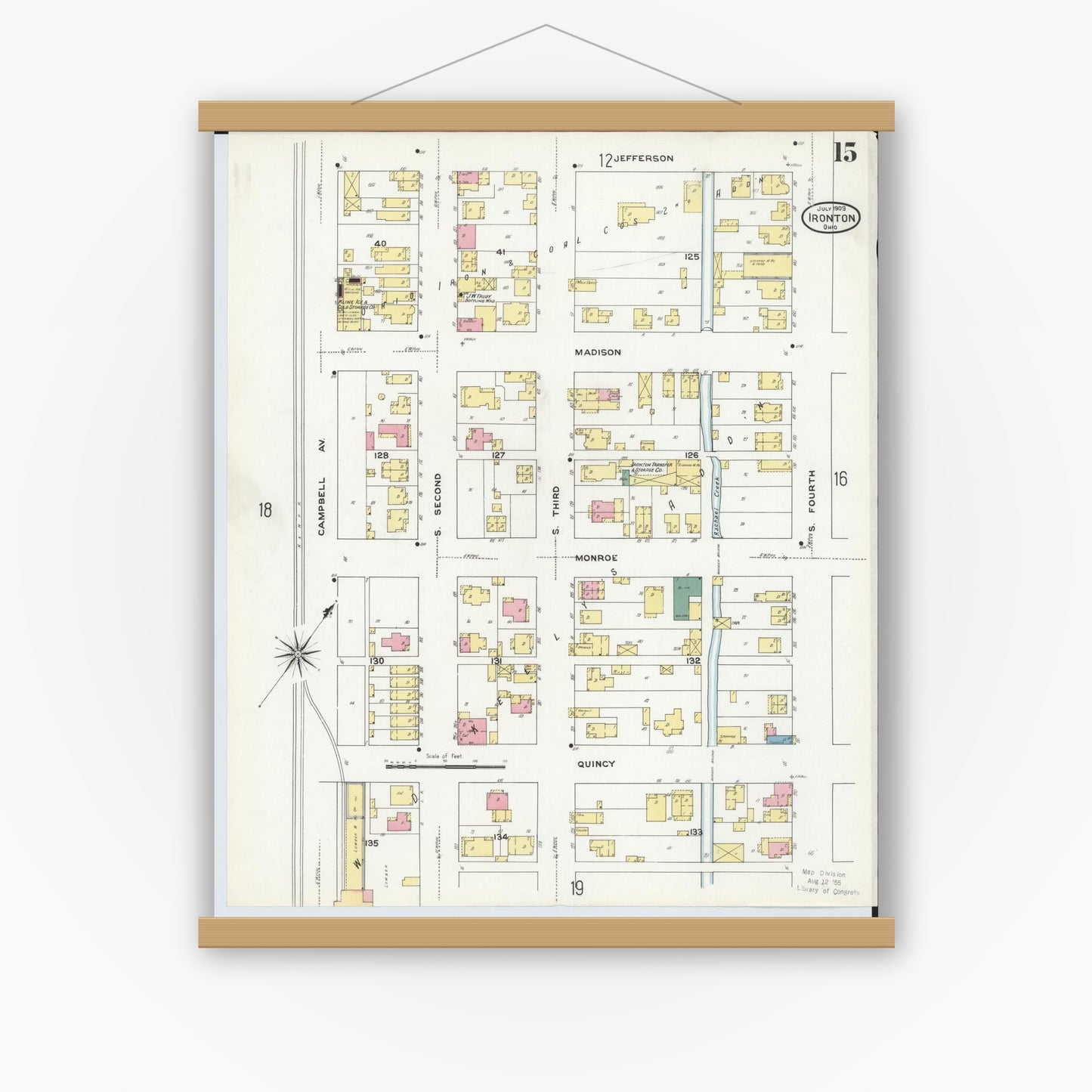 Old map wall art mockup — magnetic wood frame on white wall — Sanborn Fire Insurance Map from Ironton, Lawrence County, Ohio (1909), Sheet #0015