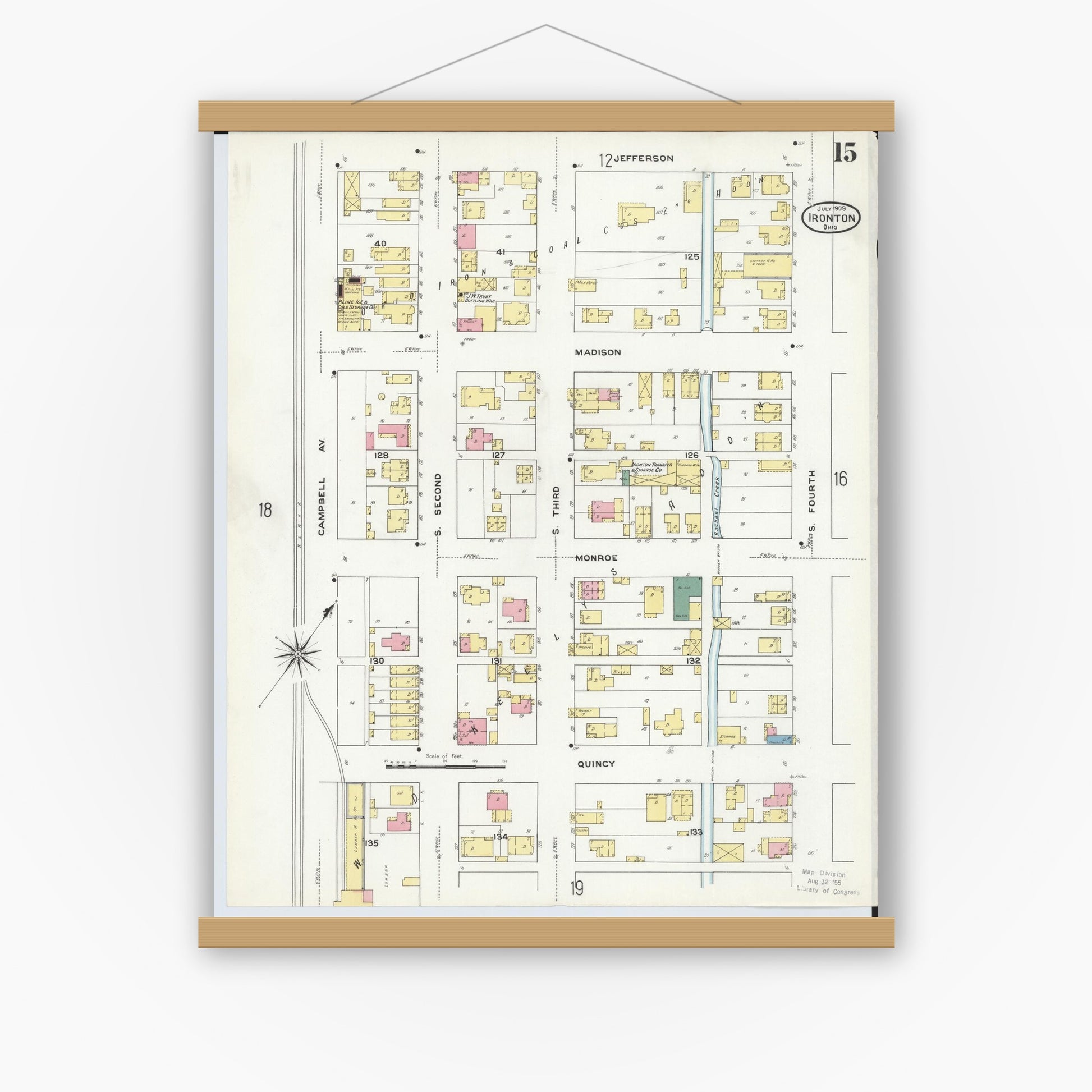 Old map wall art mockup — magnetic wood frame on white wall — Sanborn Fire Insurance Map from Ironton, Lawrence County, Ohio (1909), Sheet #0015