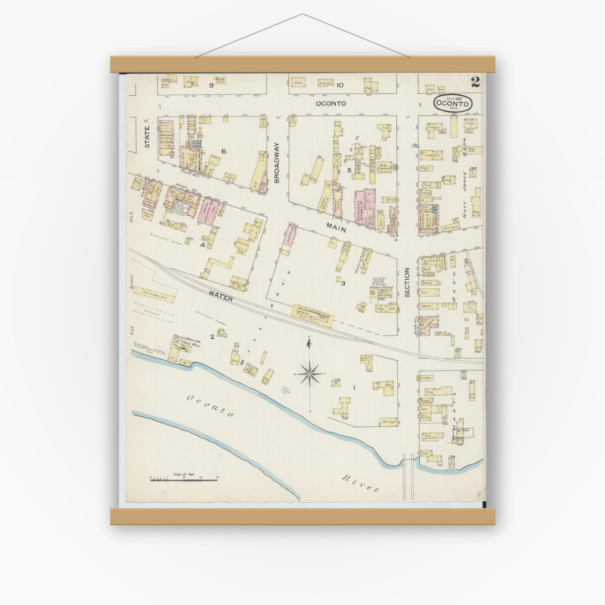Old map wall art mockup — magnetic wood frame on white wall — Sanborn Fire Insurance Map from Oconto, Oconto County, Wisconsin (1887), Sheet #0002