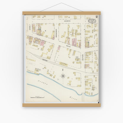 Old map wall art mockup — magnetic wood frame on white wall — Sanborn Fire Insurance Map from Oconto, Oconto County, Wisconsin (1887), Sheet #0002