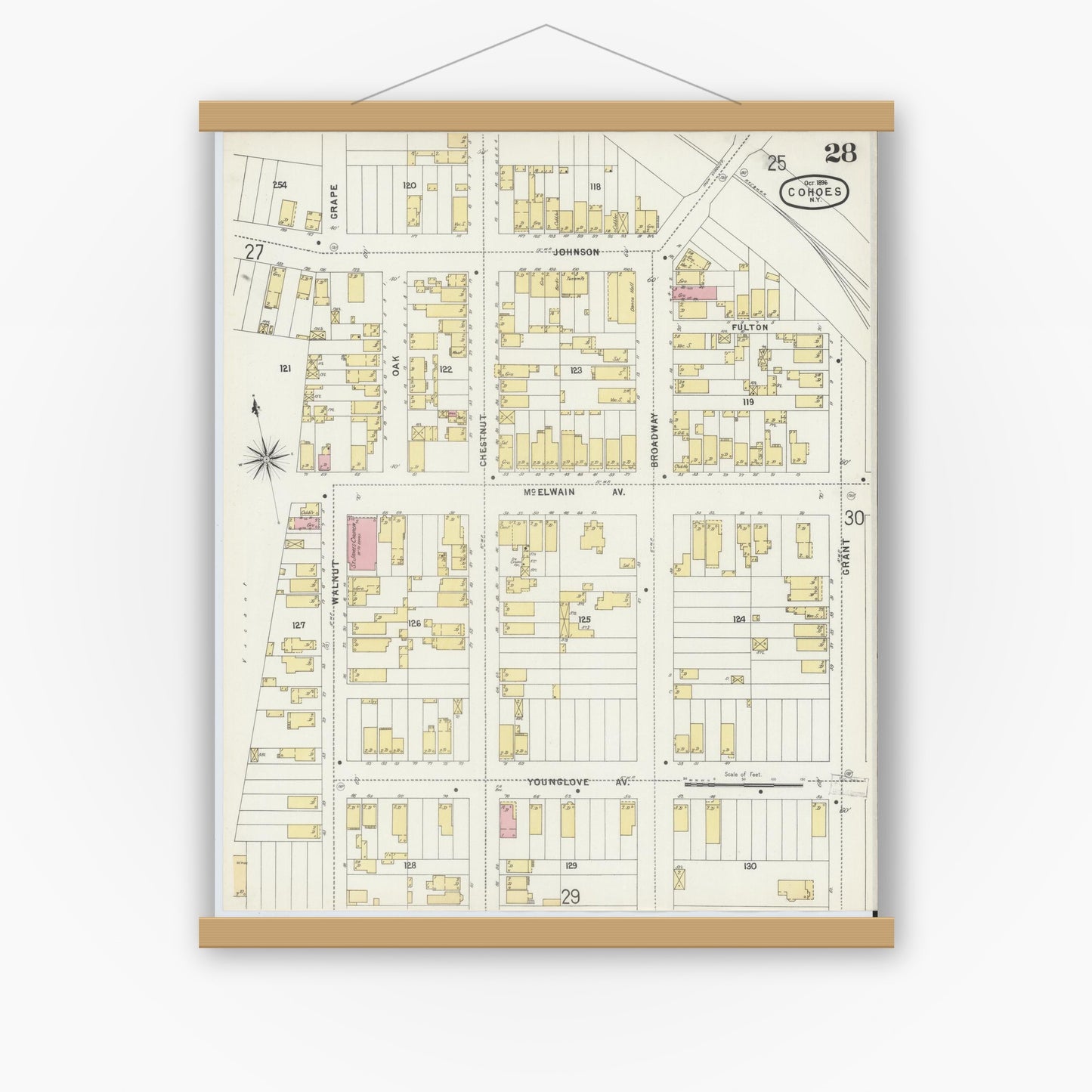 Old map wall art mockup — magnetic wood frame on white wall — Sanborn Fire Insurance Map from Cohoes, Albany County, New York (1896), Sheet #0028