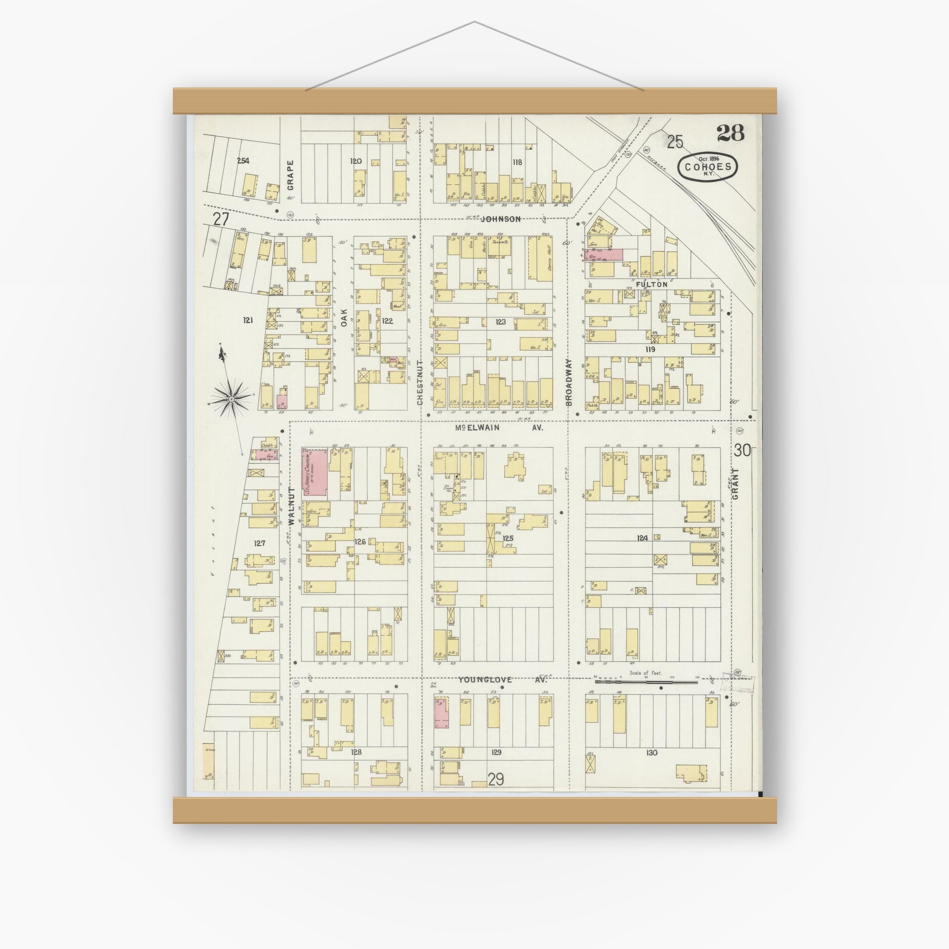 Old map wall art mockup — magnetic wood frame on white wall — Sanborn Fire Insurance Map from Cohoes, Albany County, New York (1896), Sheet #0028