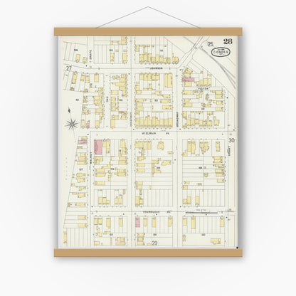 Old map wall art mockup — magnetic wood frame on white wall — Sanborn Fire Insurance Map from Cohoes, Albany County, New York (1896), Sheet #0028