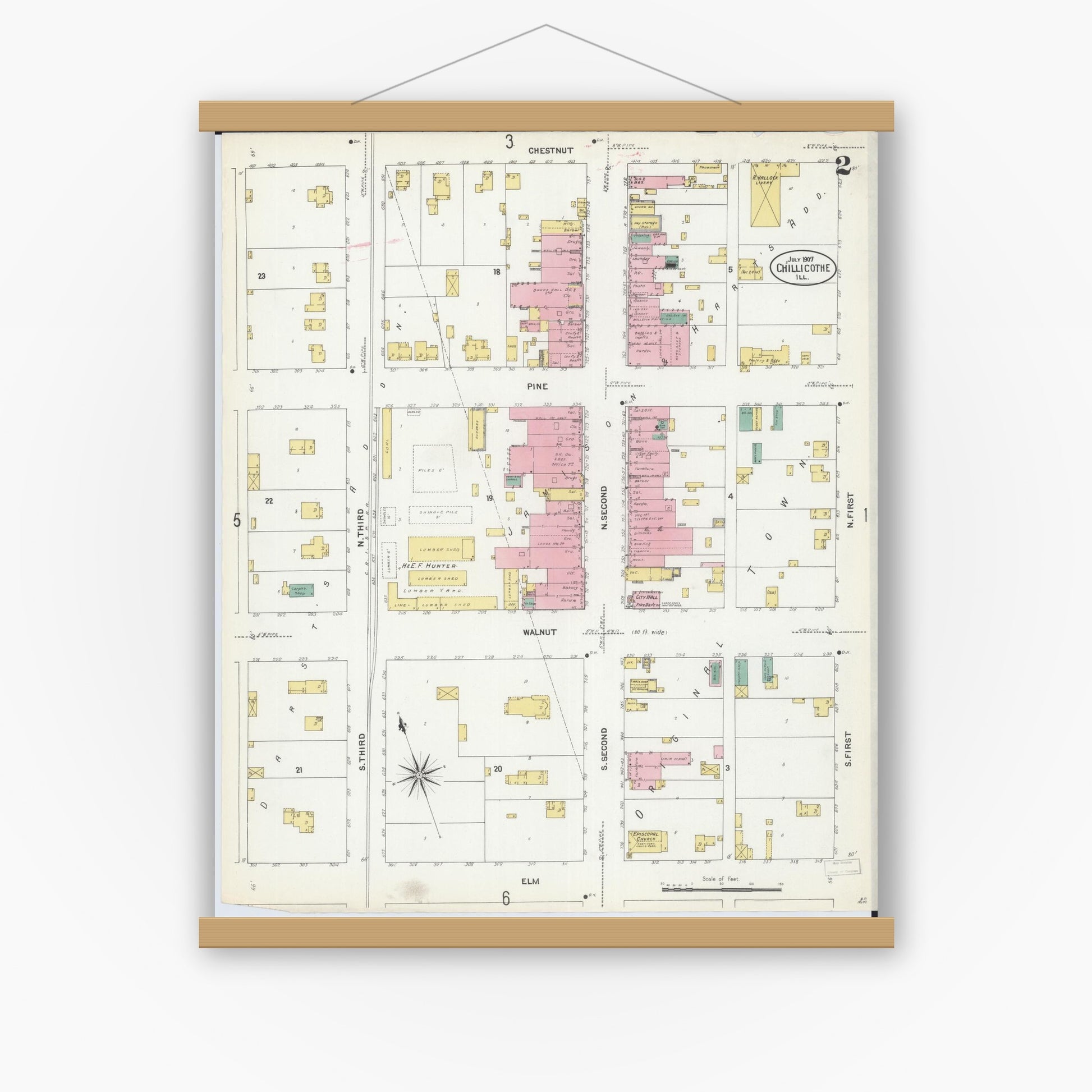 Old map wall art mockup — magnetic wood frame on white wall — Sanborn Fire Insurance Map from Chillicothe, Peoria County, Illinois (1907), Sheet #0002