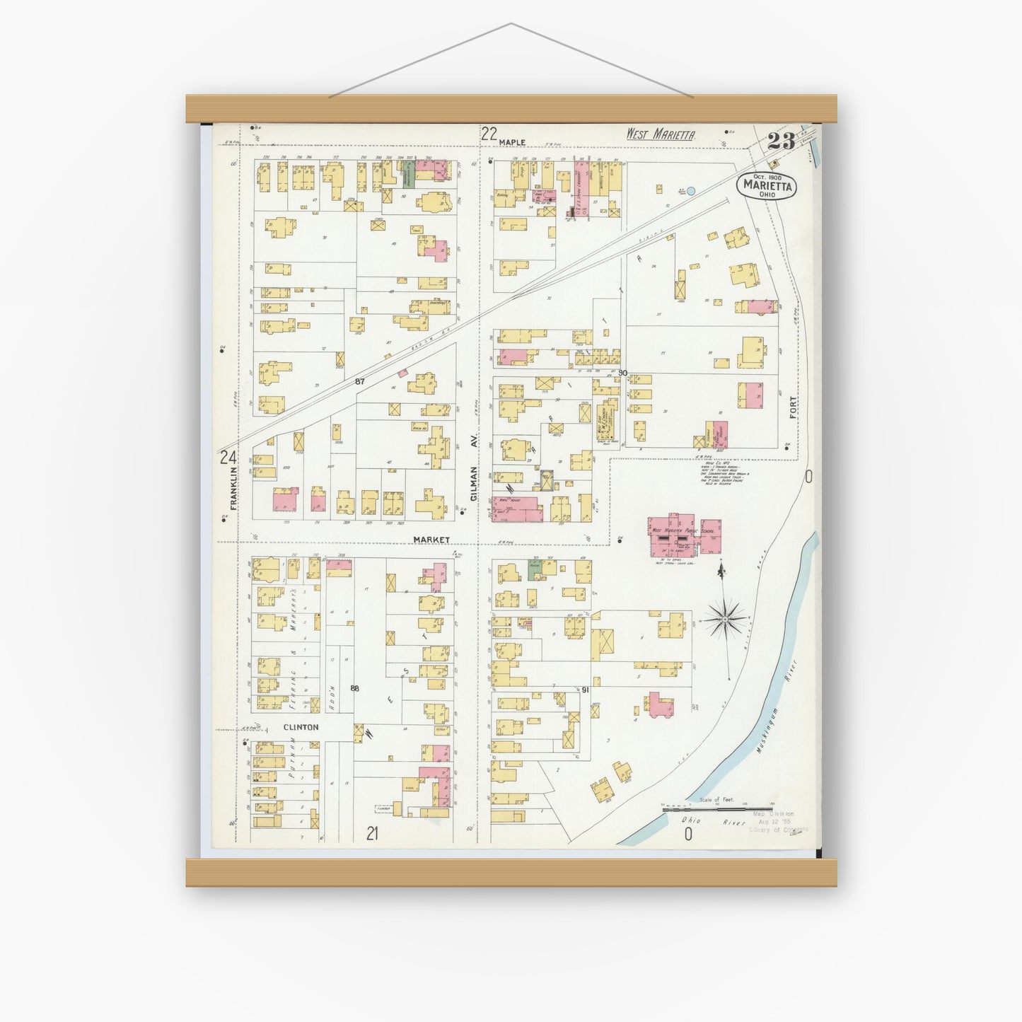 Old map wall art mockup — magnetic wood frame on white wall — Sanborn Fire Insurance Map from Marietta, Washington County, Ohio (1900), Sheet #0023