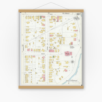 Old map wall art mockup — magnetic wood frame on white wall — Sanborn Fire Insurance Map from Marietta, Washington County, Ohio (1900), Sheet #0023