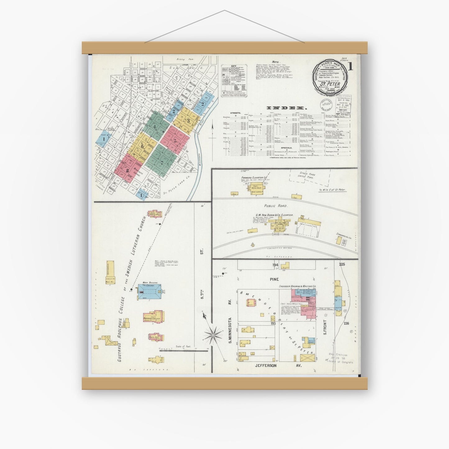 Old map wall art mockup — magnetic wood frame on white wall — Sanborn Fire Insurance Map from Saint Peter, Nicollet County, Minnesota (1900) - Complete Map Set