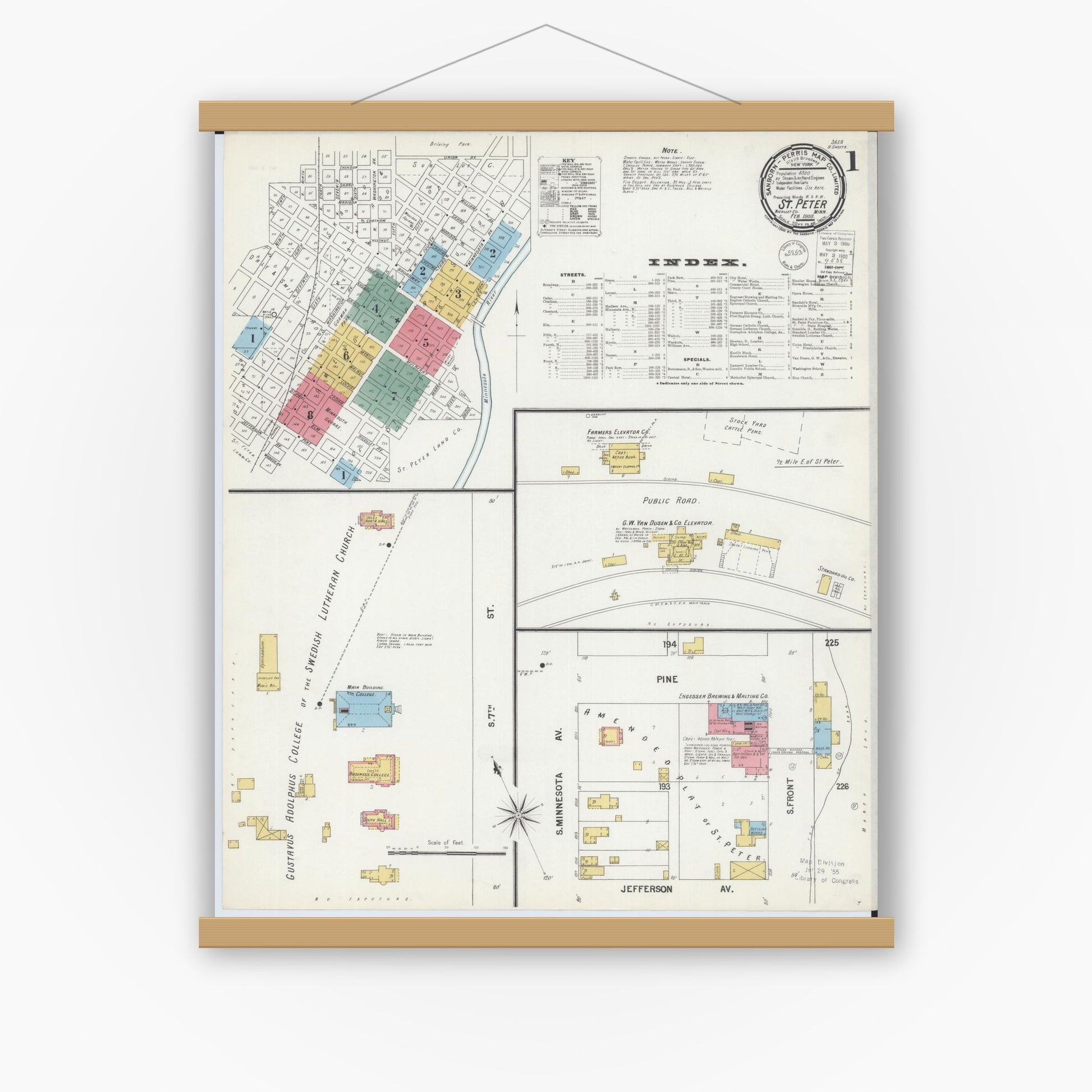 Old map wall art mockup — magnetic wood frame on white wall — Sanborn Fire Insurance Map from Saint Peter, Nicollet County, Minnesota (1900) - Complete Map Set