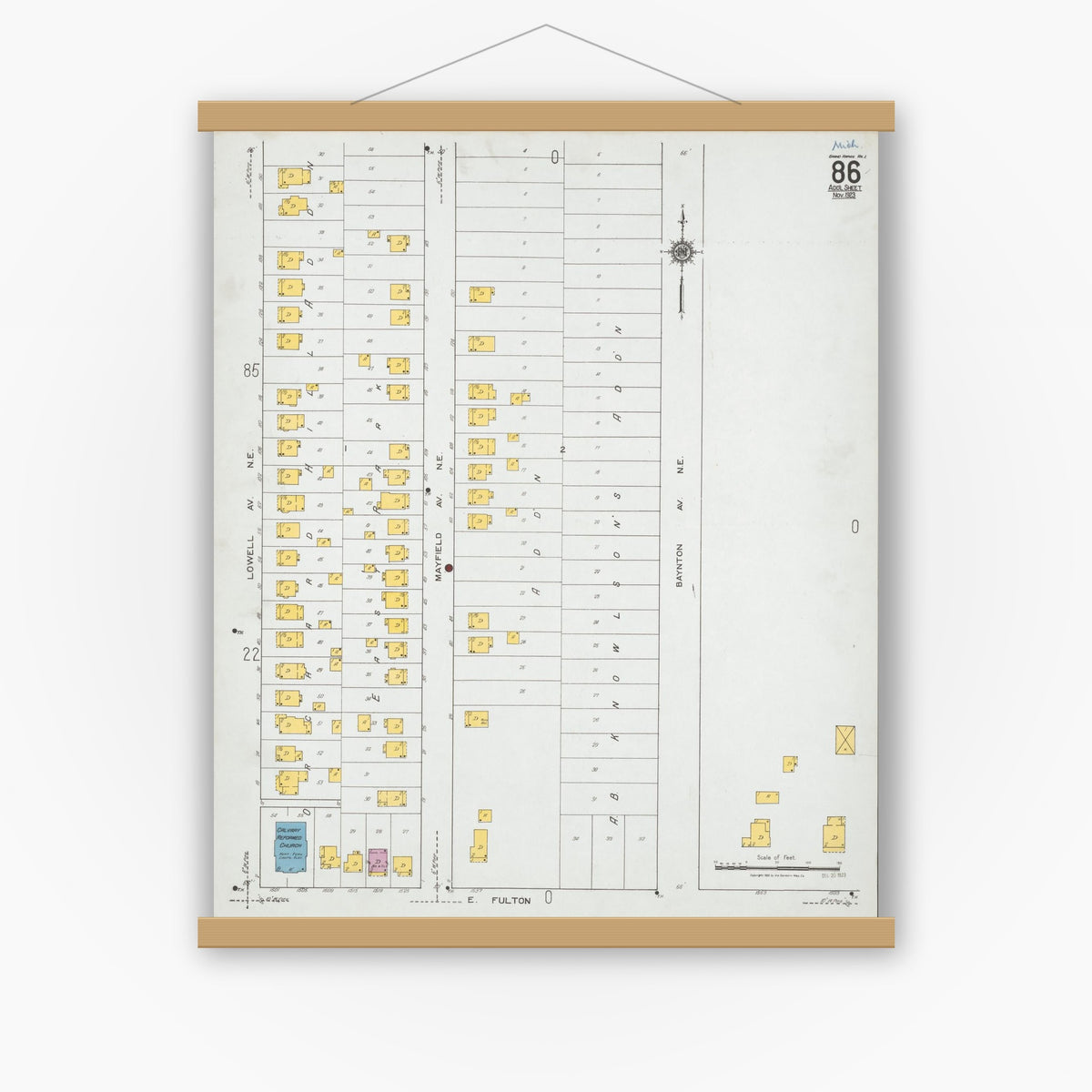 Old map wall art mockup — magnetic wood frame on white wall — Sanborn Fire Insurance Map from Grand Rapids, Kent County, Michigan (1923), Sheet #0086