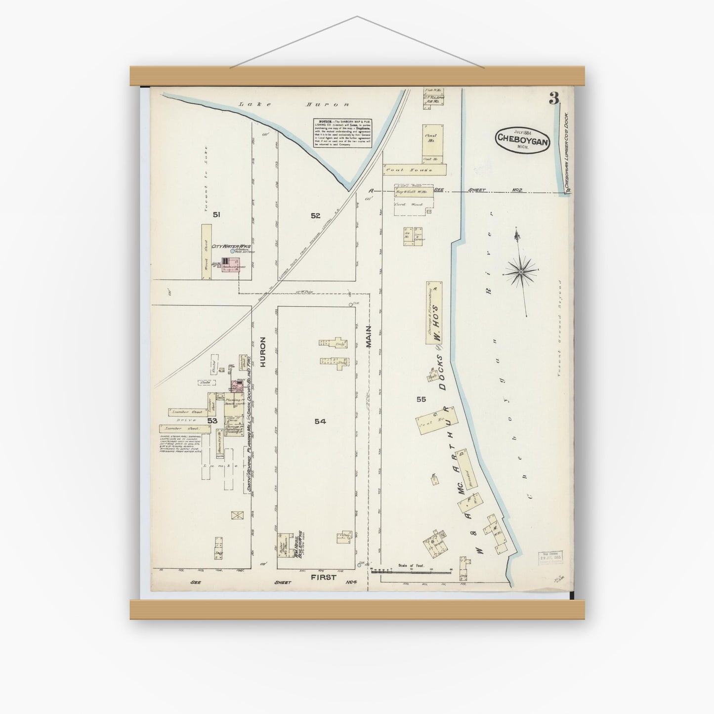 Old map wall art mockup — magnetic wood frame on white wall — Sanborn Fire Insurance Map from Cheboygan, Cheboygan County, Michigan (1884), Sheet #0003