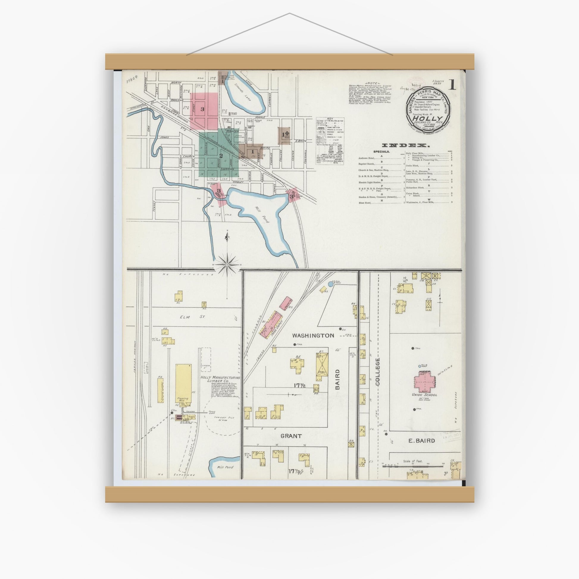 Old map wall art mockup — magnetic wood frame on white wall — Sanborn Fire Insurance Map from Holly, Oakland County, Michigan (1893) - Complete Map Set