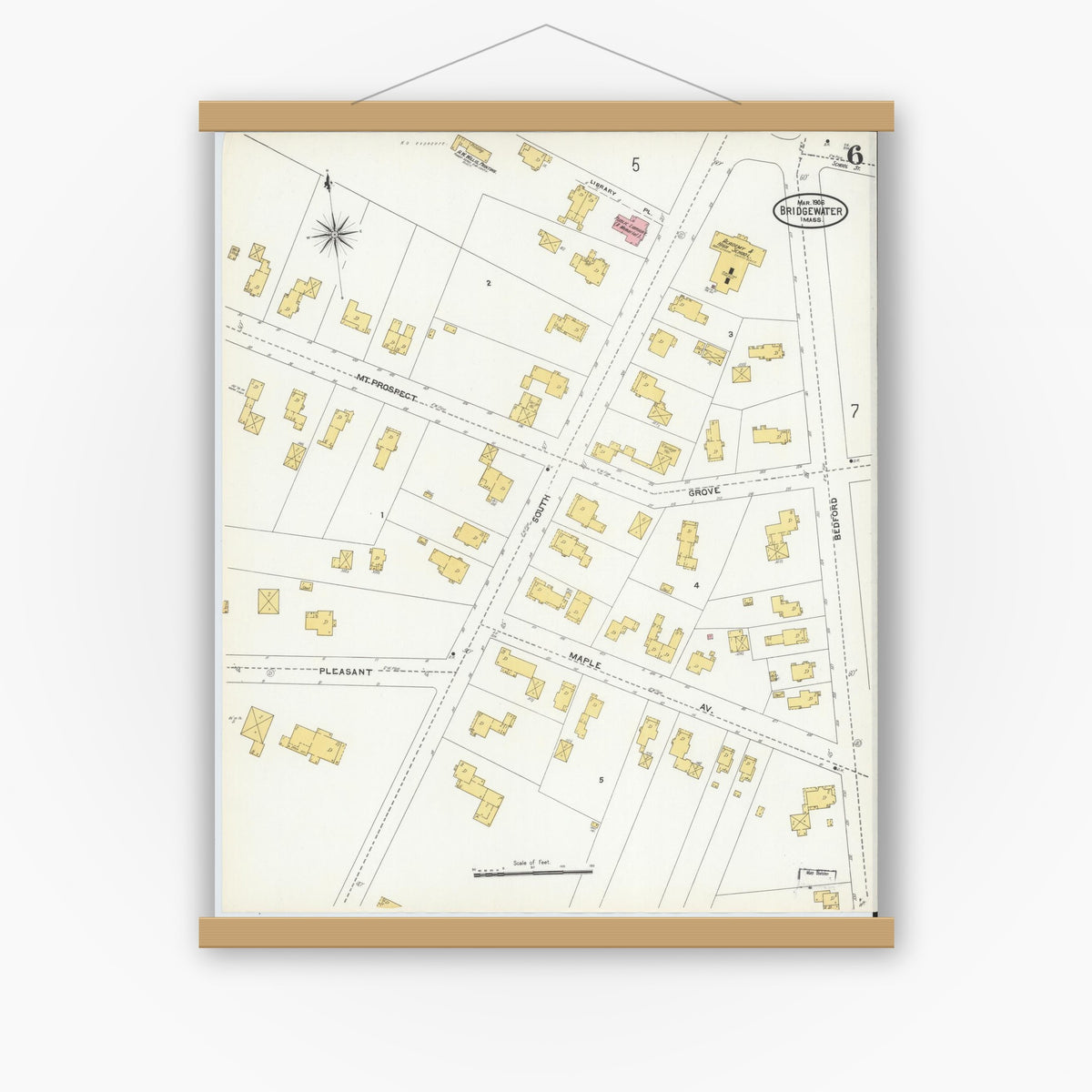 Old map wall art mockup — magnetic wood frame on white wall — Sanborn Fire Insurance Map from Bridgewater, Plymouth County, Massachusetts (1906), Sheet #0006