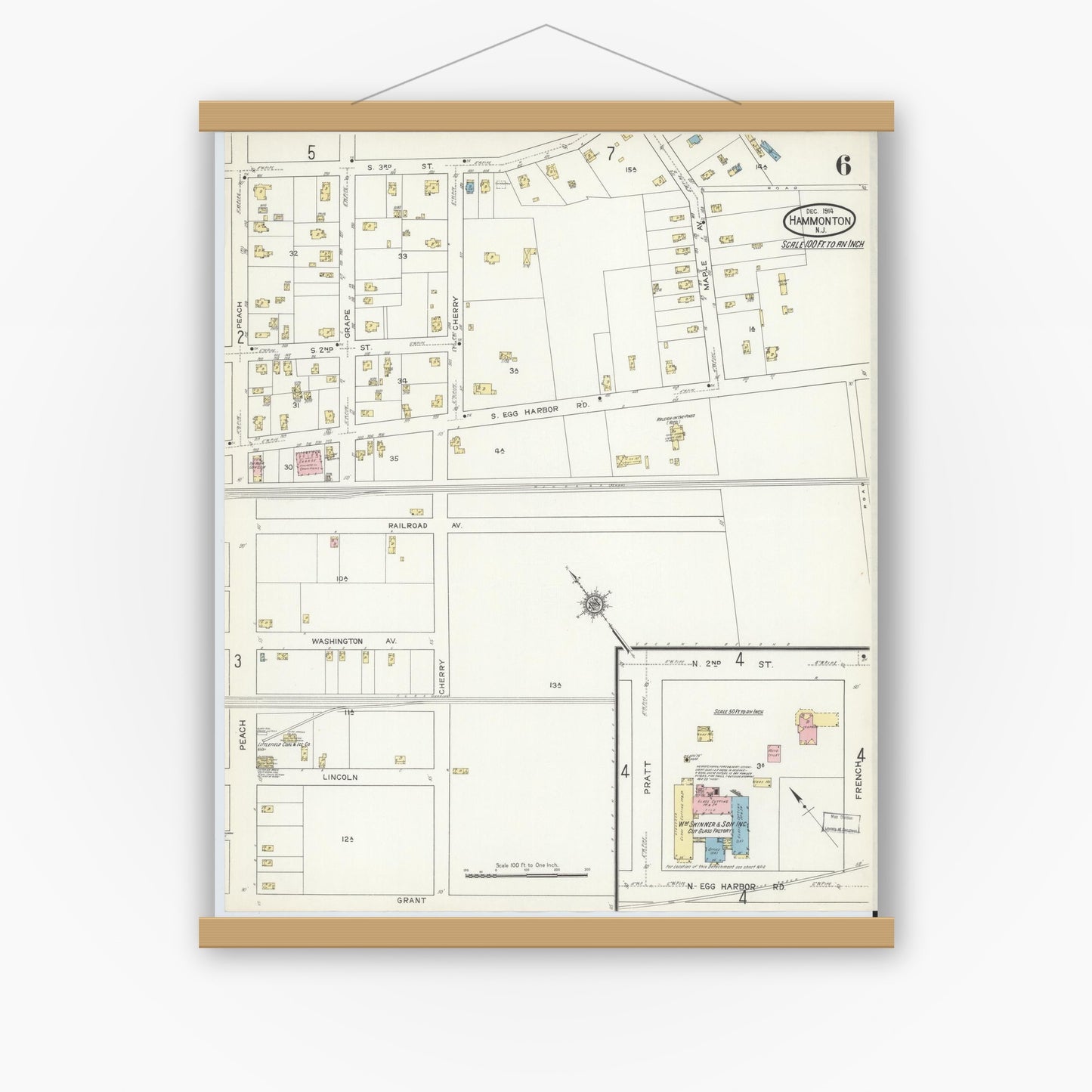 Old map wall art mockup — magnetic wood frame on white wall — Sanborn Fire Insurance Map from Hammonton, Atlantic County, New Jersey (1914), Sheet #0006