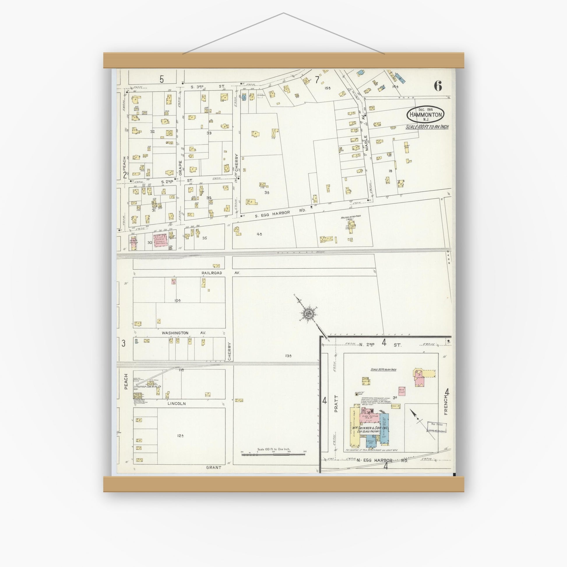 Old map wall art mockup — magnetic wood frame on white wall — Sanborn Fire Insurance Map from Hammonton, Atlantic County, New Jersey (1914), Sheet #0006
