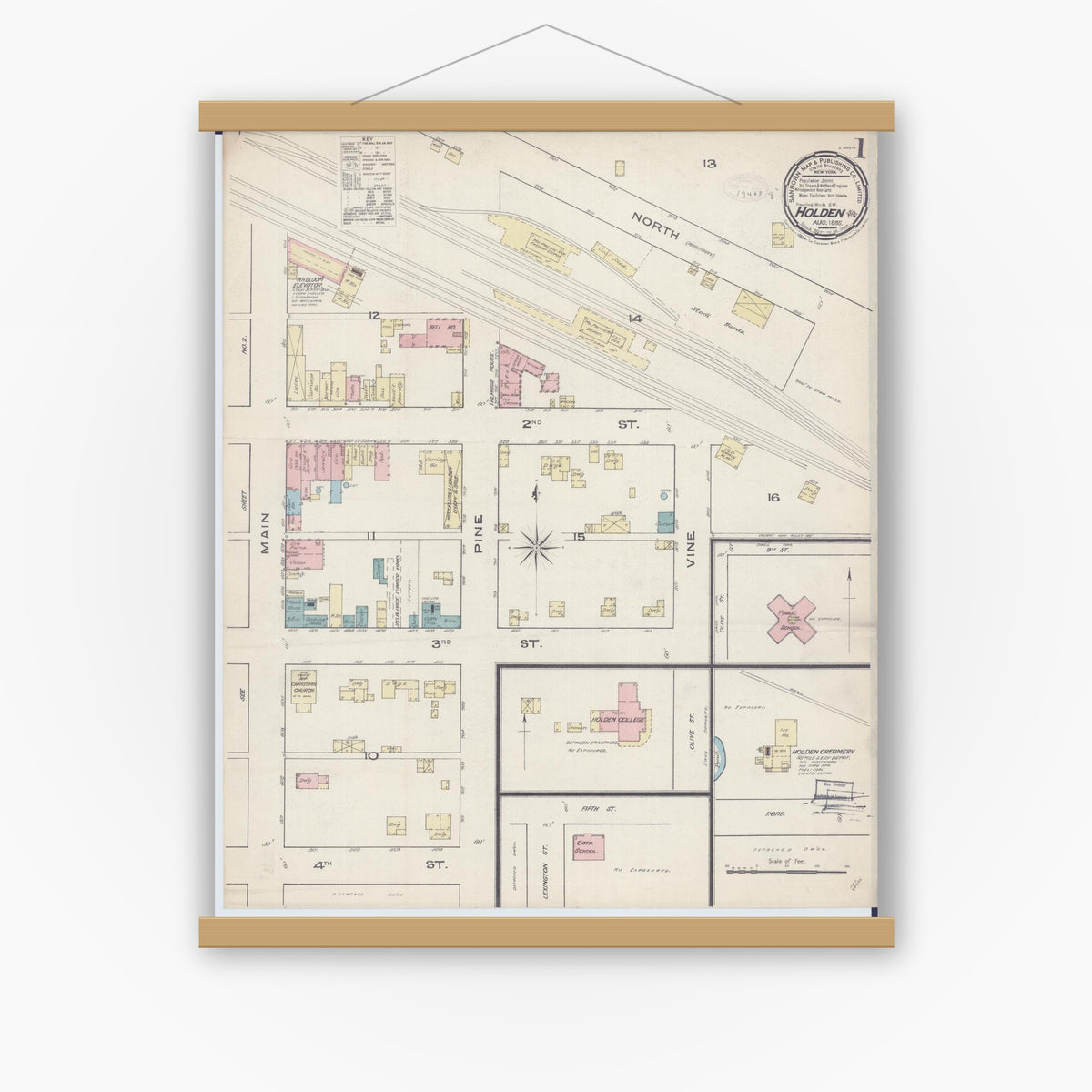 Old map wall art mockup — magnetic wood frame on white wall — Sanborn Fire Insurance Map from Holden, Johnson County, Missouri (1885), Sheet #0001