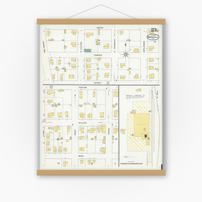 Old map wall art mockup — magnetic wood frame on white wall — Sanborn Fire Insurance Map from Marshall, Harrison County, Texas (1909), Sheet #0023
