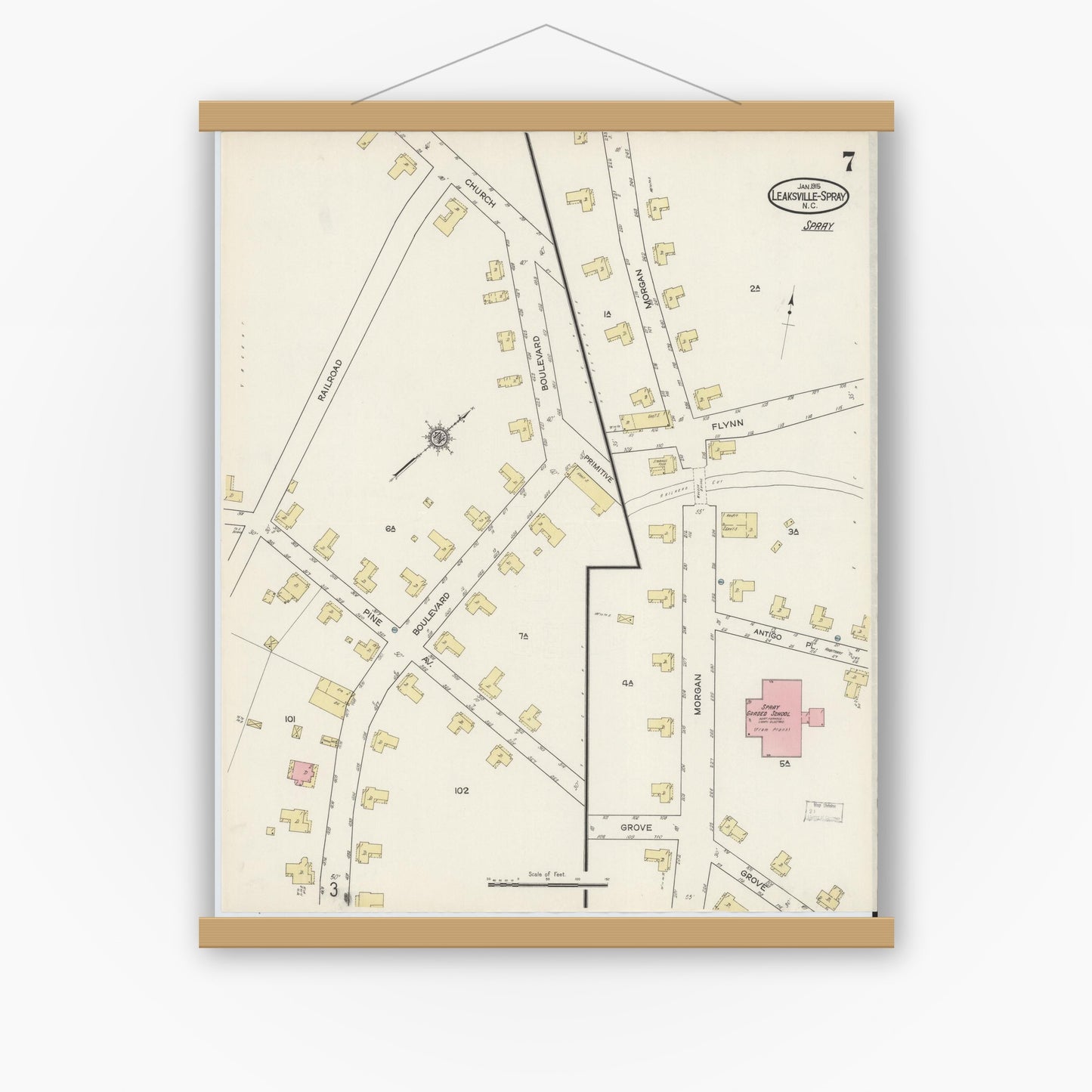 Old map wall art mockup — magnetic wood frame on white wall — Sanborn Fire Insurance Map from Leaksville-spray, Rockingham County, North Carolina (1915), Sheet #0007