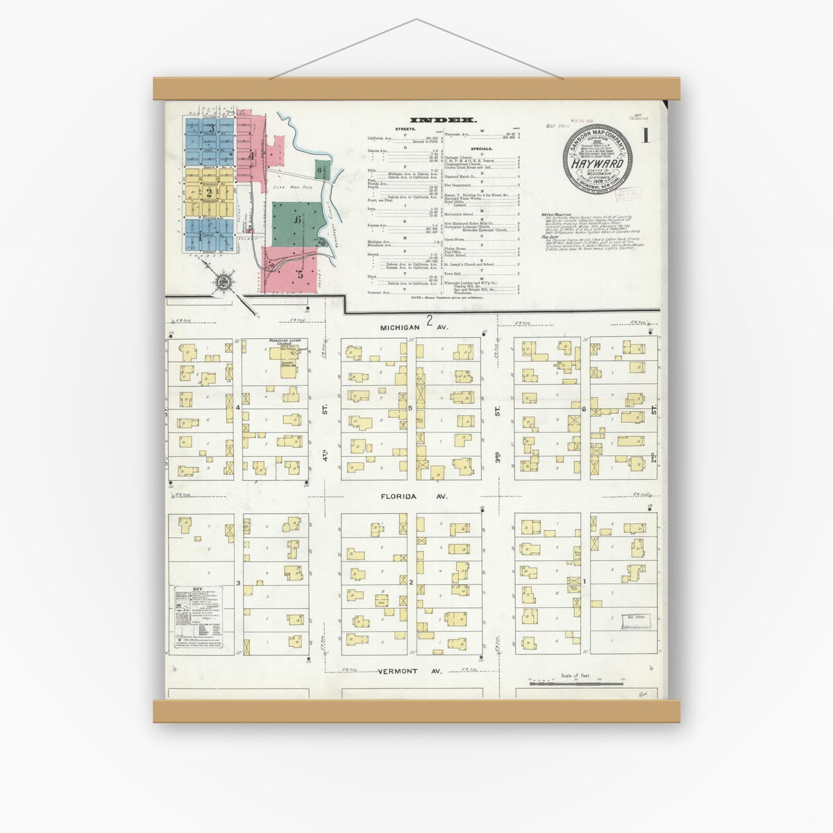 Old map wall art mockup — magnetic wood frame on white wall — Sanborn Fire Insurance Map from Hayward, Sawyer County, Wisconsin (1909) - Complete Map Set
