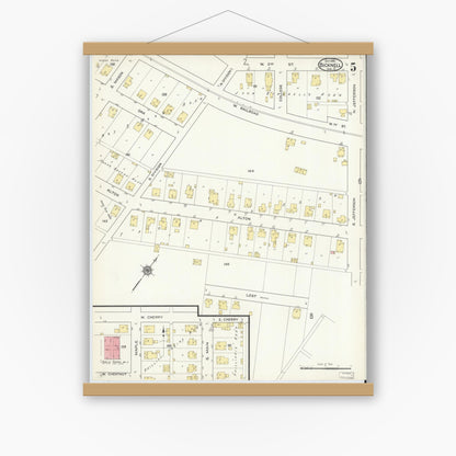 Old map wall art mockup — magnetic wood frame on white wall — Sanborn Fire Insurance Map from Bicknell, Knox County, Indiana (1915), Sheet #0005