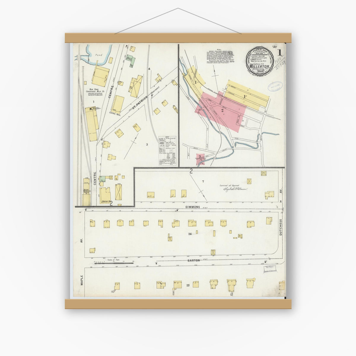 Old map wall art mockup — magnetic wood frame on white wall — Sanborn Fire Insurance Map from Millerton, Dutchess County, New York (1898), Sheet #0001